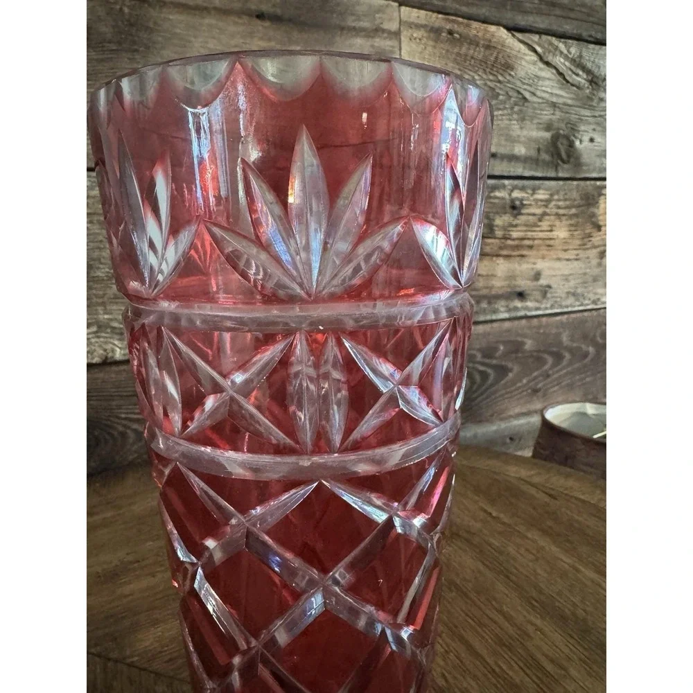 Vintage Bohemian Cranberry Cased Cut to Clear Crystal Vase {310}